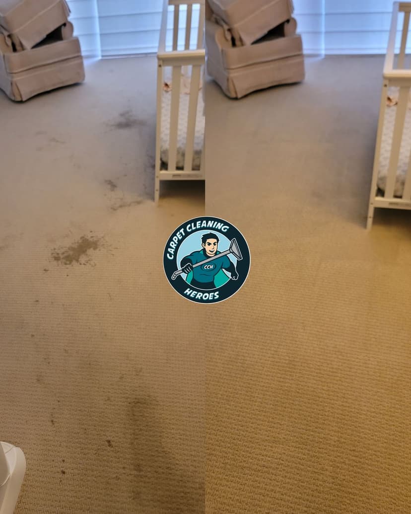 Before and after carpet cleaning showing significant stain removal, featuring Carpet Cleaning Heroes logo.
